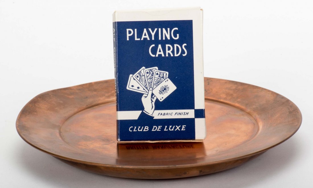 Carl Rosini’s Card Transposition. London: L. Davenport: Carl Rosini’s Card Transposition. London: L. Davenport & Co., ca. 1948. Complete set of as-new apparatus including copper-finished calling card tray (8 ” diam.), gimmicked packet and full deck of 