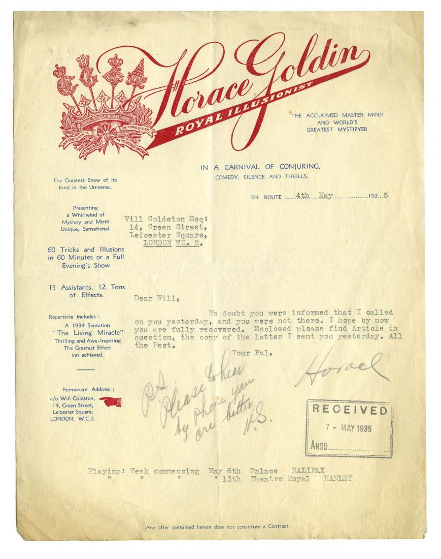 Goldin, Horace. Three Typed Letters Signed, “Horace,” (1 of 2)
