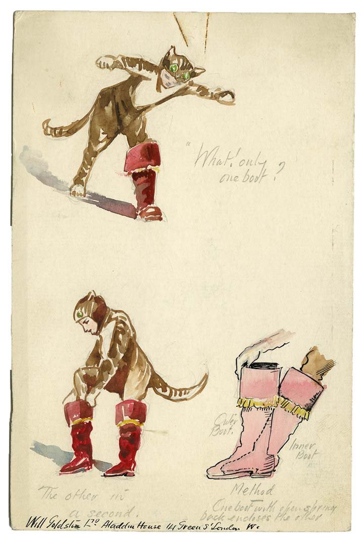 Thompson, Clifford. Three Puss in Boots Watercolor: Thompson, Clifford. Three Puss in Boots Watercolor Illustrations. London, ca. 1920s. Watercolor illustrations with pencil notations for Will Goldston Ltd., showing the “Puss in Boots Pantomime” in