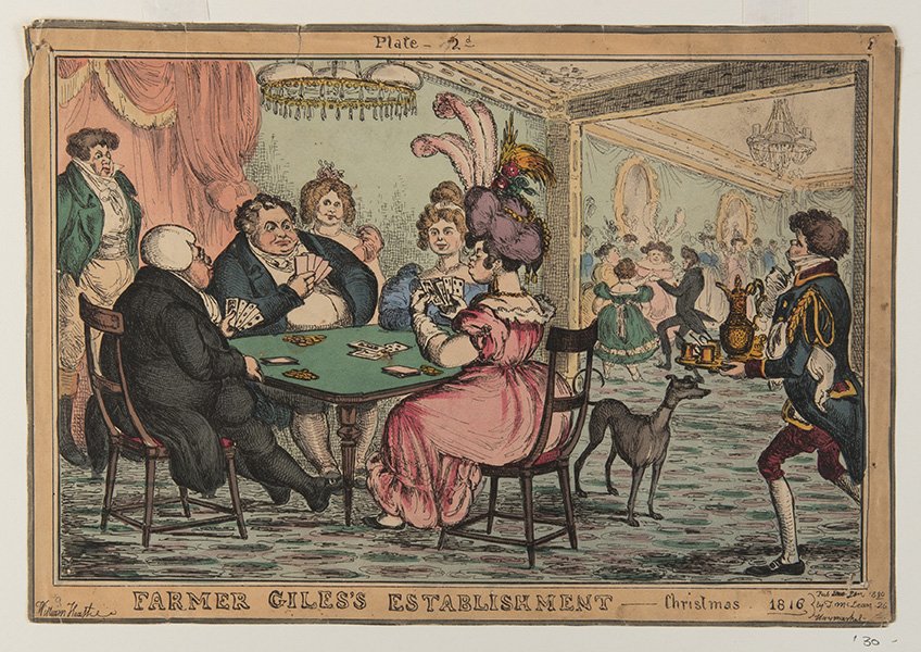 Heathe, William. Farmer Giles's Establishment. London:: Heathe, William. Farmer Giles's Establishment. London: T. McLean, 1830. Hand-colored etching, showing a card game from “Christmas, 1816." On woven paper, Plate 2nd. Not in the catalogue of Prints of