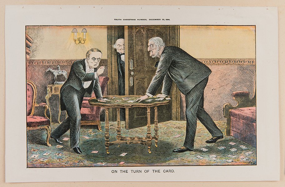 On the Turn of the Card. 1894. “Truth Christmas: On the Turn of the Card. 1894. “Truth Christmas Number." Full-color lithography print showing a tense game of cards. 11 x 7 “. Very good, not examined outside of matte.