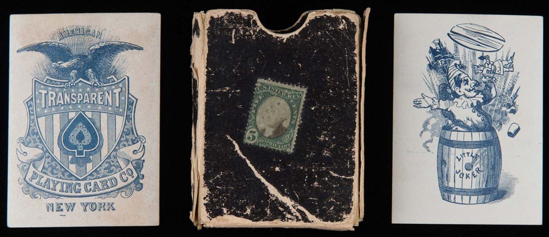 Transparent Playing Card Co. New York: Transparent: Transparent Playing Card Co. New York: Transparent Playing Card Co., ca. 1880. 52 + J + Partial Box. All the cards are transparent (when held to a strong light, a scene is revealed) except for the jok