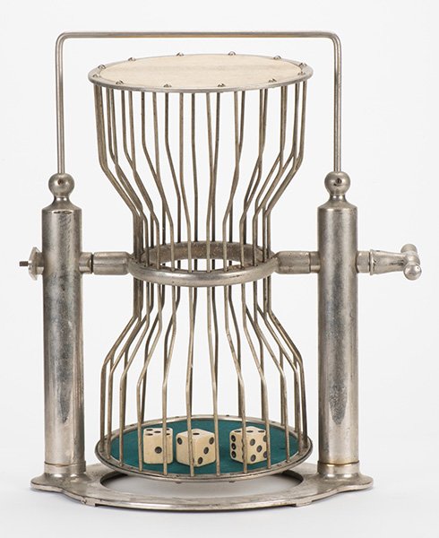 Chuck-a-Luck Cage with Three Dice. American, Graham: Chuck-a-Luck Cage with Three Dice. American, Graham (decal on bottom), ca. 1940. A bell was probably once affixed to the side but is lacking here, otherwise very good. 10 x 16".