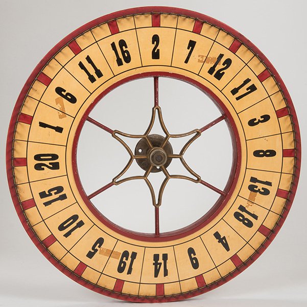 Carnival Wheel. Double-sided wooden wheel with hand: Carnival Wheel. Double-sided wooden wheel with hand painted numerals. 21" diam. Excellent.