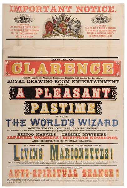 Clarence, H.G. A Pleasant Pastime. Darwen: R. & H.T.: Clarence, H.G. A Pleasant Pastime. Darwen: R. & H.T. Timperley, ca. 1880. Attractive four-color letterpress poster heralding the “wonder worker, conjurer, and illusionist” who will present “Hind