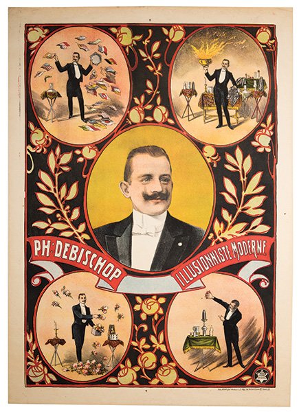 Debischop. Ph. Debischop. Illusionniste Moderne.: Debischop. Ph. Debischop. Illusionniste Moderne. Antwerp: T. Felt Brothers, ca. 1905. Four vignettes from this Belgian magician’s show surround a central bust portrait, the balance of the poster fil