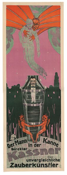 Kassner, Alois. Der Mann in Der Kanne. Direktor: Kassner, Alois. Der Mann in Der Kanne. Direktor Kassner. Altona: Henrich Barkow, ca. 1920. Striking two-sheet color lithograph depicting the magician Kassner escaping from a large metal milk can – a