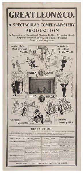 Leon (Leon H. Levy). Great Leon & Co. A Spectacular: Leon (Leon H. Levy). Great Leon & Co. A Spectacular Comedy-Mystery Production. Circa 1912. Black-and-white panel poster advertising and describing in detail the features of Leon’s vaudeville magic s