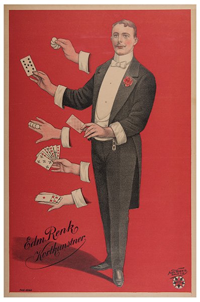 Renk, Edmund. Edm. Renk. Kortkunstner. Berlin:: Renk, Edmund. Edm. Renk. Kortkunstner. Berlin: Alex-Hoenig, ca. 1920. A full-length portrait of the Danish magician and illusionist Renk, on a bright red field, is flanked on one side with various pal