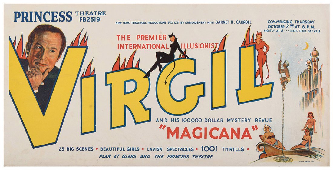 Virgil (Virgil Harris Mulkey). The Premier: Virgil (Virgil Harris Mulkey). The Premier International Illusionist. Virgil. Victory Publicity Ltd., ca. 1960. Horizontal panel, possibly used on buses or trains, publicizes Virgil’s appearance at 