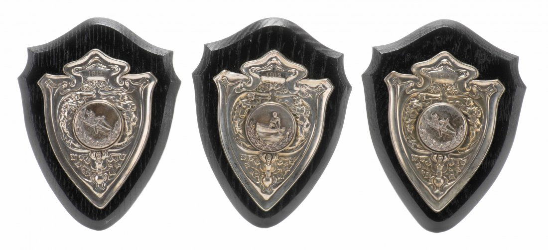 Vernon, Dai. Dai Vernon Rowing and Canoeing Plaques.: Vernon, Dai. Dai Vernon Rowing and Canoeing Plaques. Canada, 1912. Three engraved silver plated plaques won by Vernon while a student at Ashbury College for his participation in rowing and canoeing ev