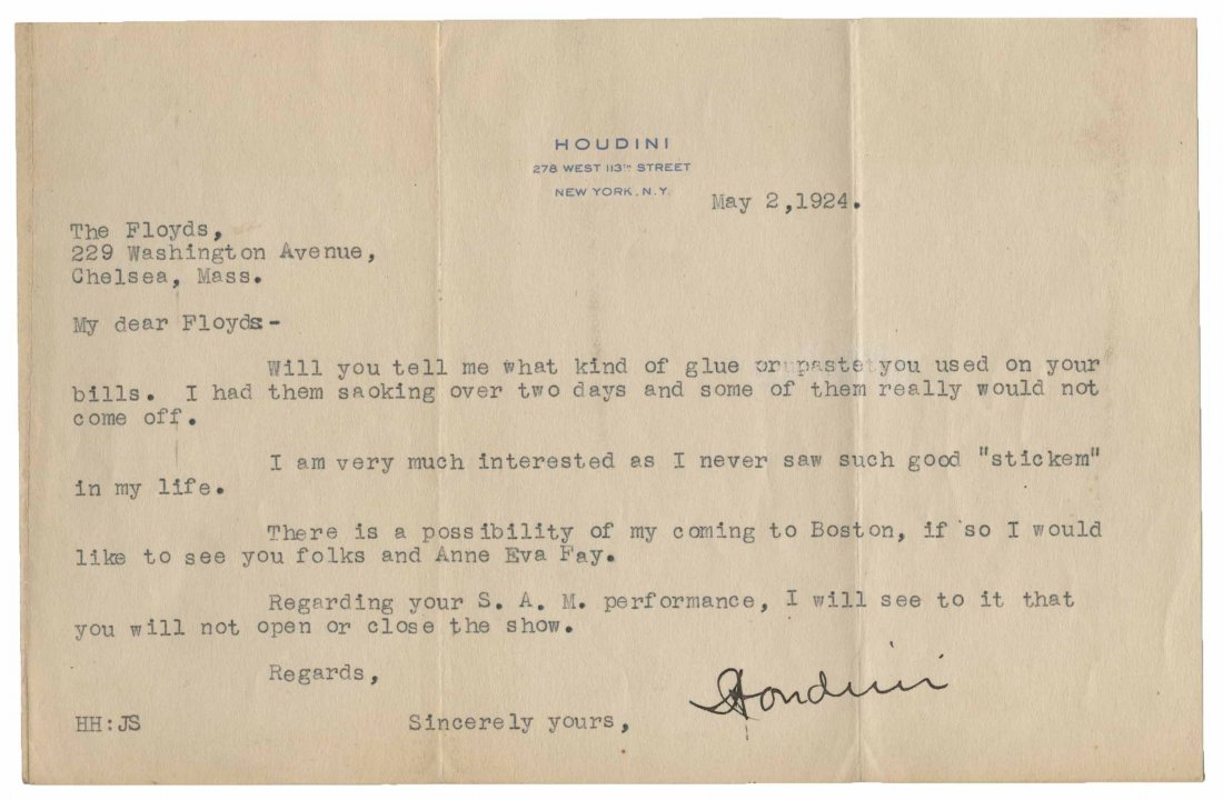 Houdini, Harry (Ehrich Weisz). Typed note from Houdini (1 of 1)