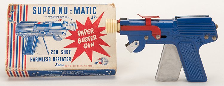 Super Nu-Matic Jr. Paper Buster Gun. United States: LM: Super Nu-Matic Jr. Paper Buster Gun. United States: LM Co., late twentieth century. Toy gun in original box, 250 Shot Harmless Repeater, a drop of oil inside rubber washer is recommended by the box fo