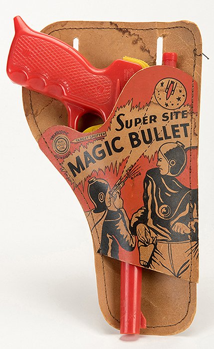 Super Site Magic Bullet Pistol. New York: 20th/21st: Super Site Magic Bullet Pistol. New York: 20th/21st Century Productions Co., ca. 1950s. Plastic red and yellow toy gun with the original detailed and colorful cardboard holster. 8 _ long. Toy has some