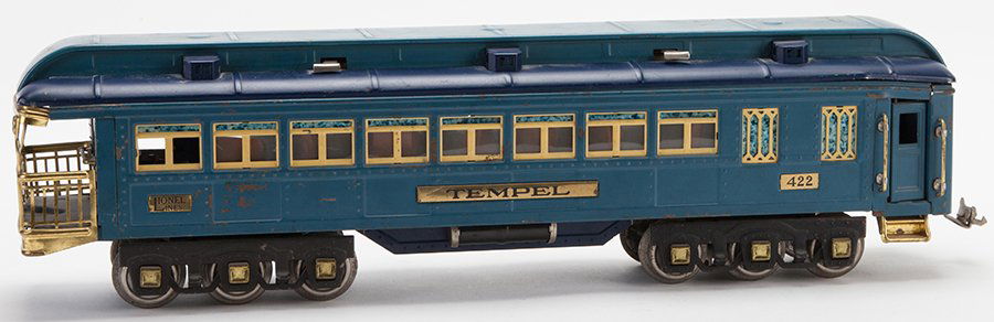Lionel 422 Blue Comet Tempel Observation Car. New York:: Lionel 422 Blue Comet Tempel Observation Car. New York: Lionel Corp., 1930s. Prewar standard gauge observation car with brass and nickel trim. Both sides with handrails and single steps. Scattered lig