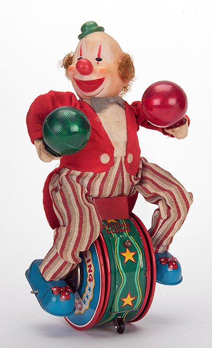 Unicyclist Clown. Japan: Modern Toys, mid-twentieth: Unicyclist Clown. Japan: Modern Toys, mid-twentieth century. Battery operated cycling clown with tin litho base, light up balls in his hands, and moving appendages. 12 tall. Some soiling to fabric and