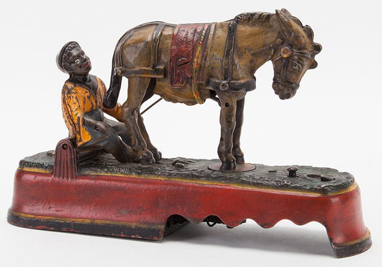 Mechanical Cast Iron Bank. I Always Did Spise A: Mechanical Cast Iron Bank. I Always Did Spise A Mule. American, late nineteenth century (underside reading Patd. Apr 27, 1897). Non-working mechanism causes donkey to swing around and kick the boy. Ba