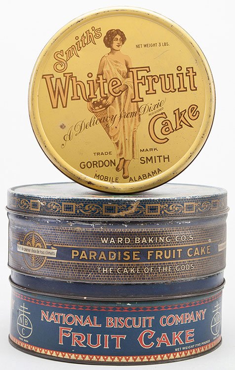 Three Round Fruit Cake Tins. Including Paradise Fruit: Three Round Fruit Cake Tins. Including Paradise Fruit Cake, Ward Baking Co., minor scratches (3 _ x 10 _); Smiths White Fruit Cake, Gordon Smith, Mobile, Alabama, minor spots on lid (3 _ x 8); and Nat