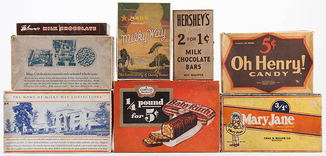 Eight Candy Boxes. Includes Blommer Milk Chocolate, Oh: Eight Candy Boxes. Includes Blommer Milk Chocolate, Oh Henry, Mars, Milky Way, Three Musketeers, Baby Ruth, Hersheys Milk Chocolate and; Mary Jane Candy. Condition varies.