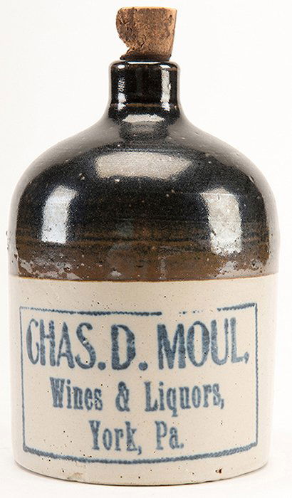 Pottery Cha. D. Moul Advertising Liquor Jug. York, (1 of 2)