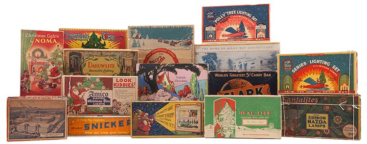 Group of Over a Dozen Vintage Christmas Lights Sets in: Group of Over a Dozen Vintage Christmas Lights Sets in Vintage Decorative Boxes. Bulk 1930s. General Electric, Edison Mazda, Darowlite, Westinghouse, Noma, Pollys, and other manufacturers. In original