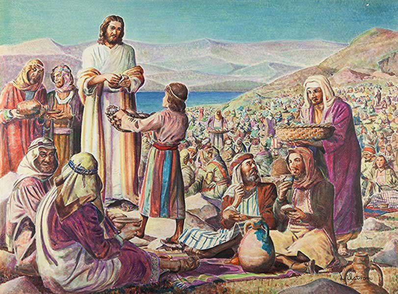 Lilstrom, Stan (American, twentieth century). Feeding: Lilstrom, Stan (American, twentieth century). Feeding The Multitude Circa 1940s. Oil on board painting of Jesus feeding the multitudes. Image measures 27 x 20 inches. Margins of board marked up by pri