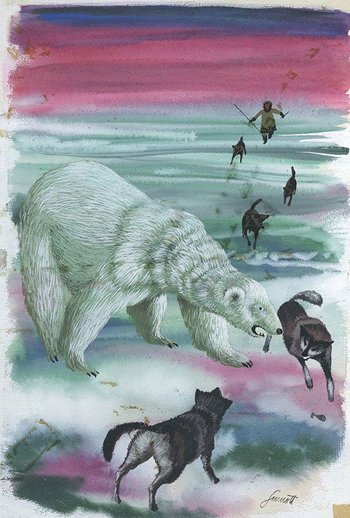 Sinnott, Robert (American, twentieth century). Polar: Sinnott, Robert (American, twentieth century). Polar Bear Amongst Wolves and Eskimo. 1950. Illustration from Nanook of the North by Alice Gall and Flemming Crew. Watercolor on board measuring 11x 15 i