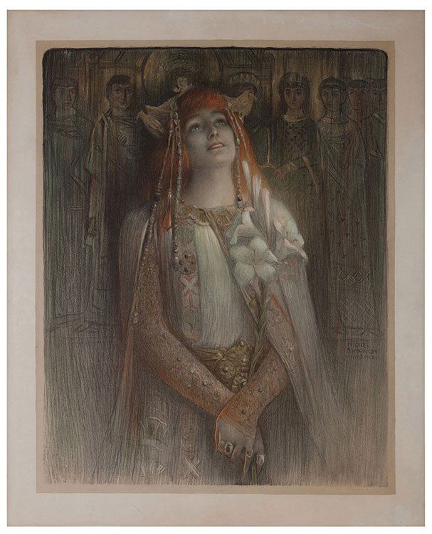 Simondy, Michel. Sarah Bernhardt/Theodora. 1902.: Simondy, Michel. Sarah Bernhardt/Theodora. 1902. Handsome three-quarter length portrait lithograph poster of the famous and successful stage actress. 19 _ x 24 _. Minor chips and wear; A-.