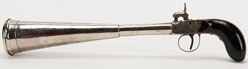 Silk Pistol. European, ca. 1900. A handkerchief placed: Silk Pistol. European, ca. 1900. A handkerchief placed in the barrel of the gun vanishes when the trigger is pulled. Nickel-plated and wooden pistol 13 ¾” long.