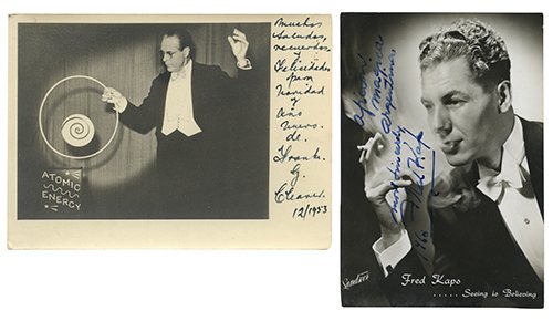 Collection of Vintage Photographs of Magicians.: Collection of Vintage Photographs of Magicians. Argentinian, mid-twentieth century. Five pieces, including an inscribed and signed portrait photo (6 x 4”) of Fred Kaps; a portrait of Channing Polloc