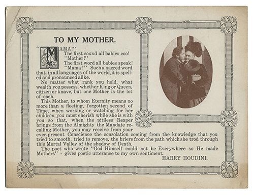 Houdini, Harry (Ehrich Weiss). Houdini “To My Mother” (1 of 1)
