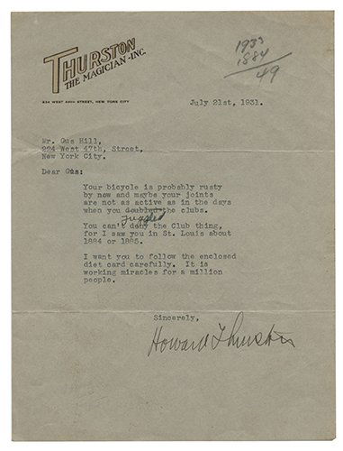 Thurston, Howard. Howard Thurston Typed Letter, Signed. (1 of 1)
