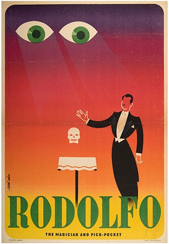 RODOLFO (REZSÖ GÅCS). Rodolfo The Magician: Budapest: Kincs Litho., 1936. Two wide eyes stare down at a modernist portrait of the Hungarian magician who stands beside his table while a skull floats above it. 22x 33 ". Edges and old folds worn, 