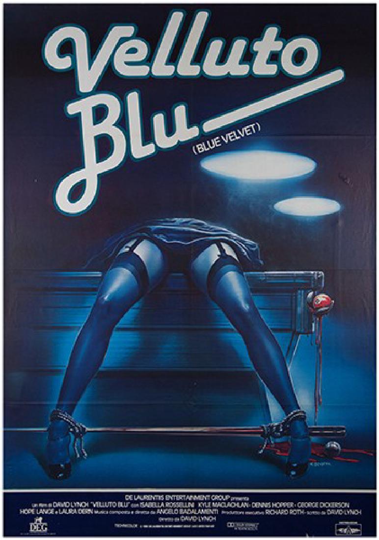 Blue Velvet.: Blue Velvet. DEG, 1986. Italian 2-foglio (39 x 55”). Italian language poster for the neo-noir film directed by David Lynch, blending psychological horror with film noir style. Folded. Small chips at