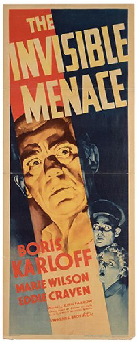 The Invisible Menace.: The Invisible Menace. Warner Bros., 1938. Insert (36 x 14”). Mystery starring Boris Karloff, Marie Wilson, Eddie Craven, and directed by John Farrow. A-.