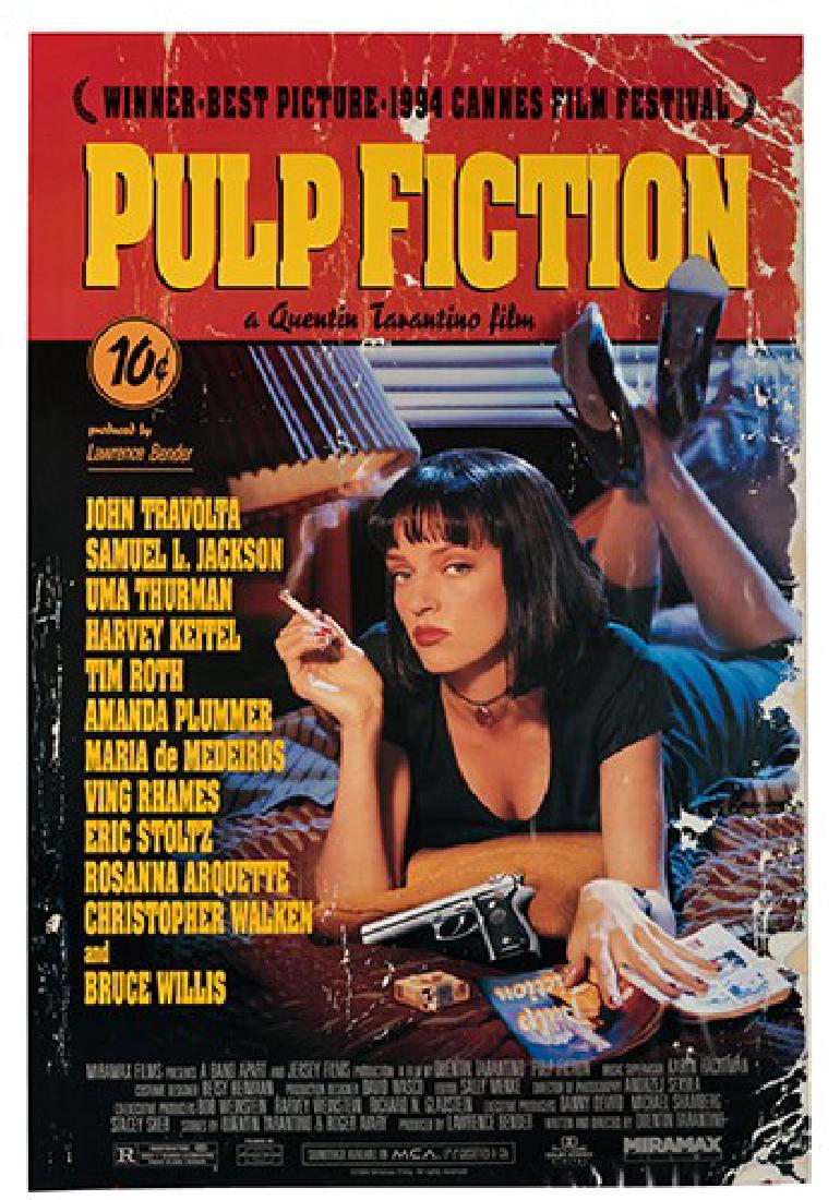 Pulp Fiction.: Pulp Fiction. Miramax, 1994. One sheet (40 x 27”). SS. Cannes Film Festival release. Classic crime drama-comedy starring John Travolta, Samuel L. Jackson, Uma Thurman, Harvey Keitel, Tim Roth, Ving 