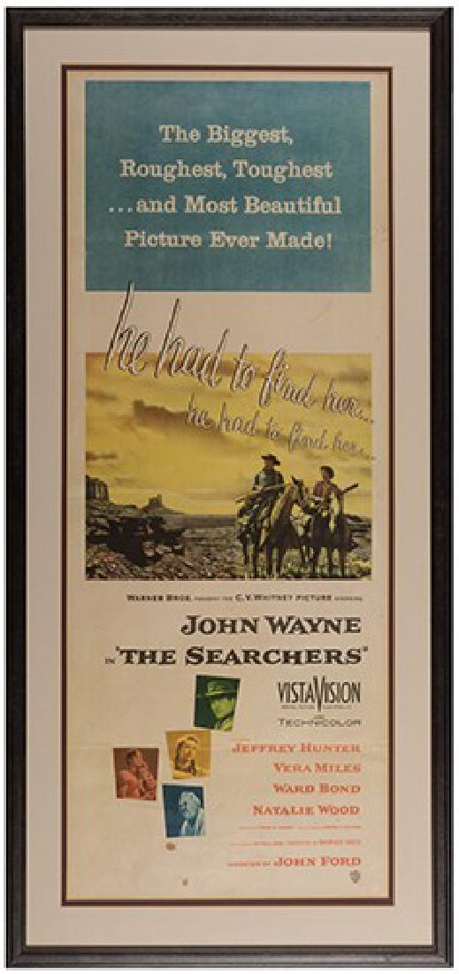 The Searchers.: The Searchers. Warner Bros., 1956. Insert (36 x 14”). Directed by John Ford, and starring John Wayne alongside Jeffrey Hunter, Vera Miles, Ward Bond, and Natalie Wood. Unrestored, with horizontal fo