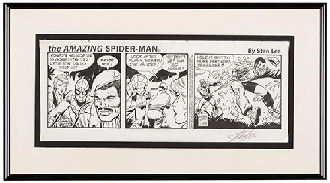 Original Newspaper Comic Strip Art for The Amazing: Lee, Stan. Original Newspaper Comic Strip Art for The Amazing Spider-Man. Marvel Comics/The Register and Tribune Syndicate, 1984/85. Pen and ink on artist’s cardstock. Two pieces, both from the seri