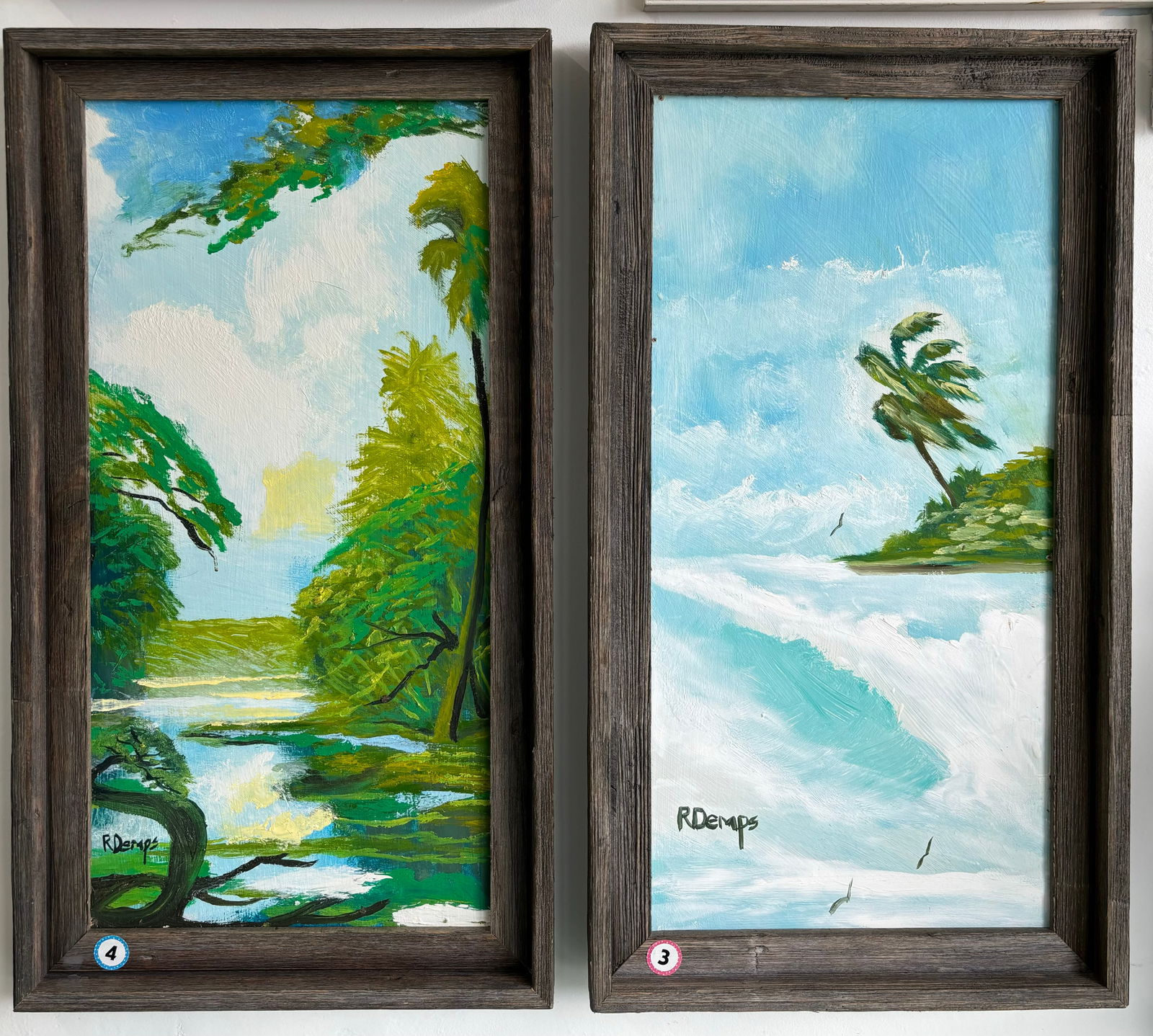Rodney Demps, "Green Duo" Each painting 24X12 Oil on Masonite, Florida Highwaymen Painting (1 of 4)
