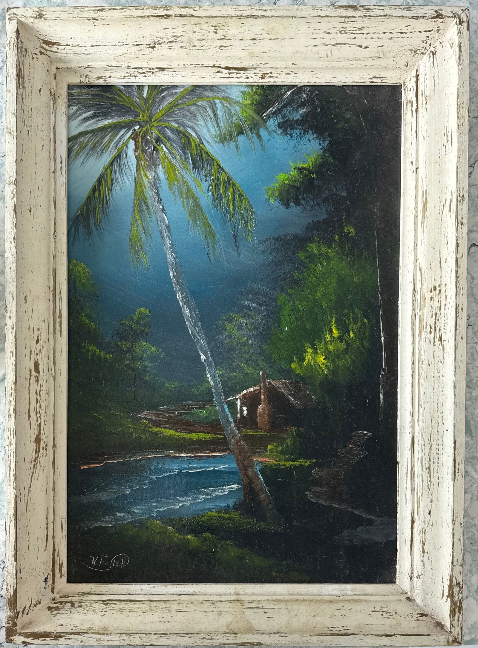 Horace Foster "House on the Water" 22.5X15 on Masonite, Florida Highwaymen Painting: A nighttime scene which features a palm tree infront of a water bed which has a house and a pathway in the background but Florida land artist Horace Foster. Dark use of earth colors; blue green, brown