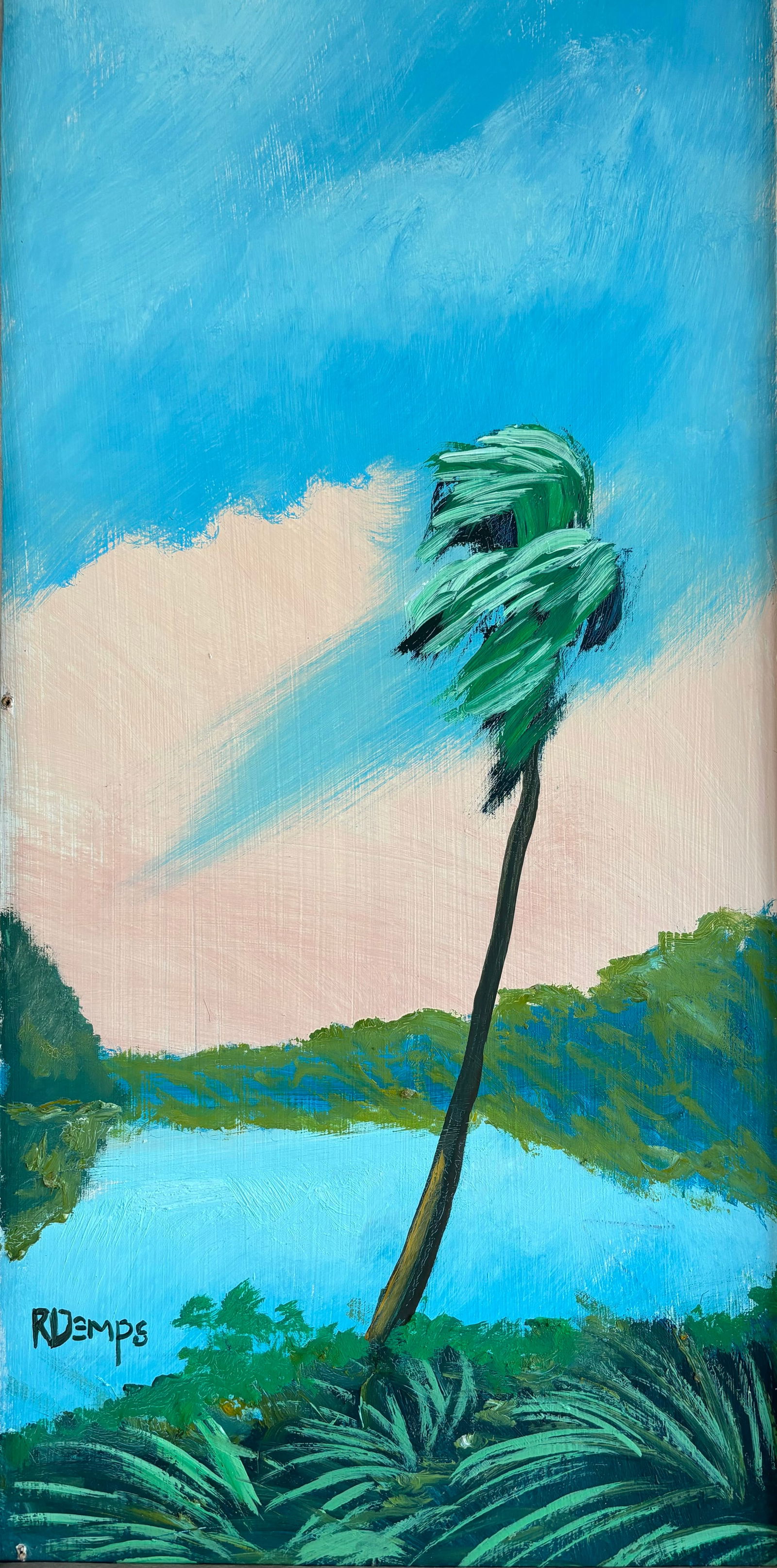 Rodney Demps, "Single Palm", Florida Highwaymen Masonite Oil Painting, 24"x12": Artist: Rodney Demps (1953 - 2020) Title: Single Palm Type: Oil Painting Material: Masonite Signed: Rodney Demps Painting Size: 24"x12" Frame Size: 27"X15" Artist Biography: Rodney Demps was born in 1