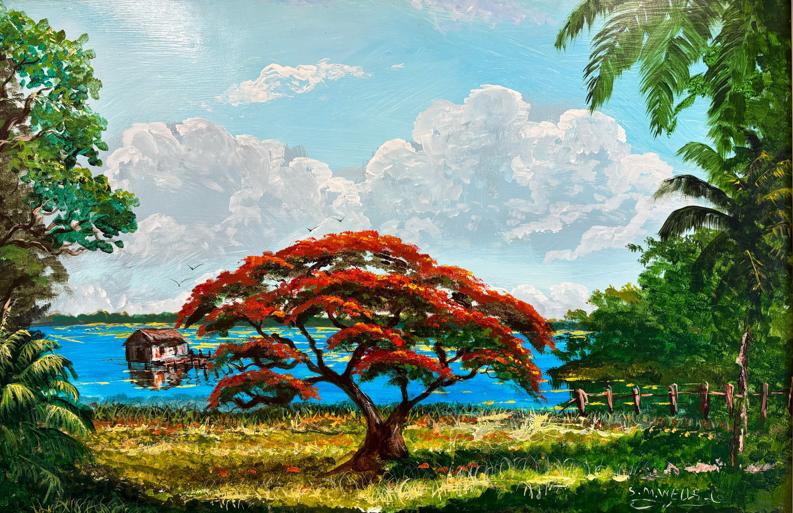 Sylvester Wells, "Poinciana Water House", Florida Highwaymen Masonite Oil Painting, 24"x36" (1 of 4)