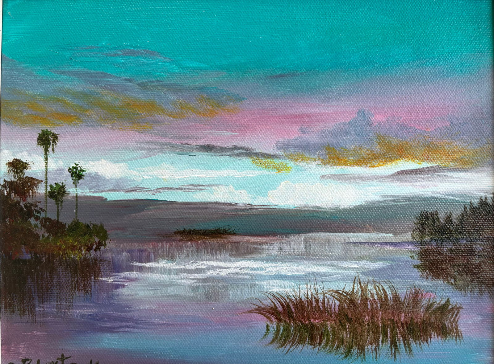 Robert Butler, "Purple and Blue Dream", Florida Highwaymen Canvas Oil Painting, 8"x10" (1 of 4)