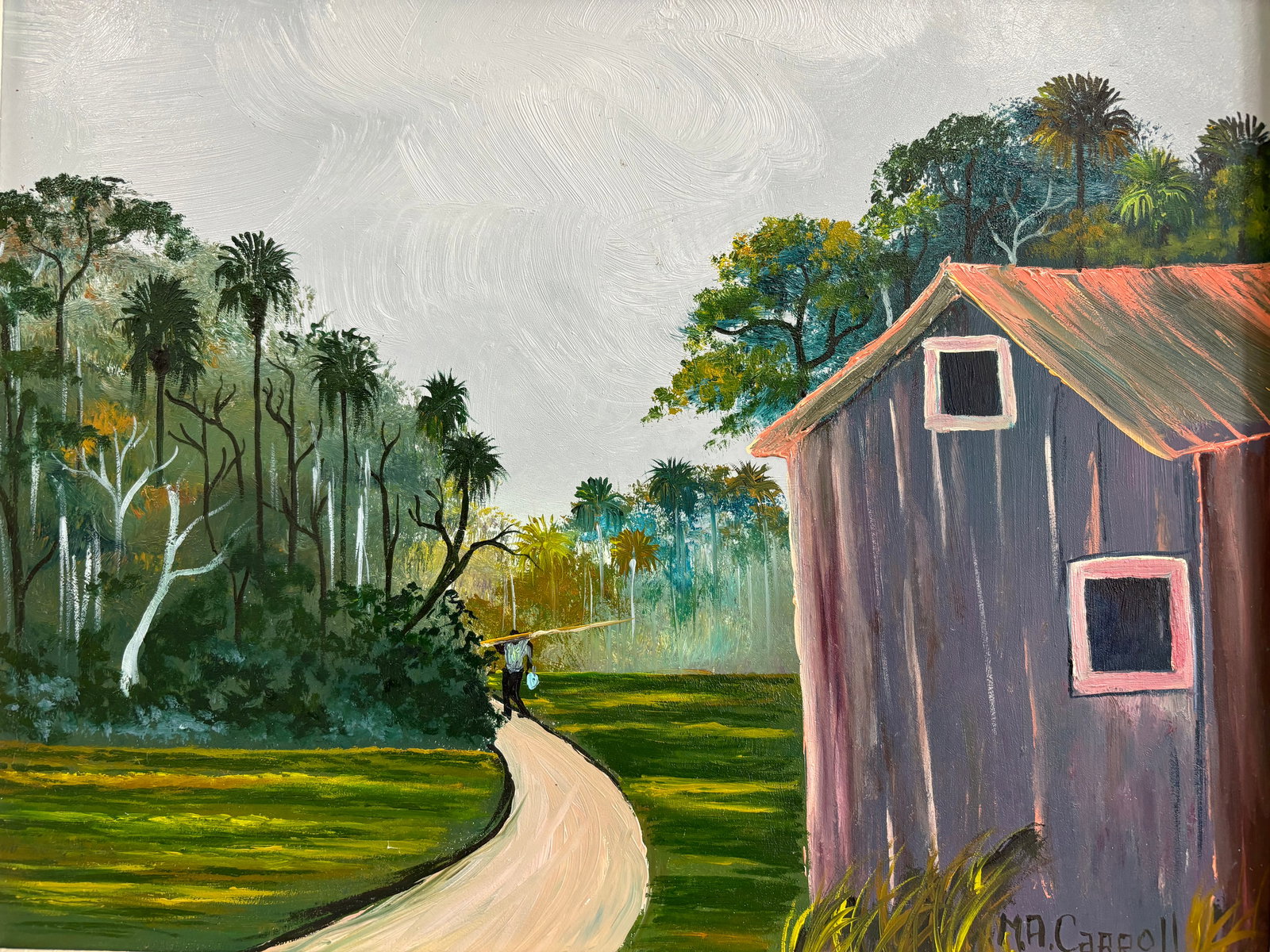 Mary Ann Carroll, "Gone Fishing", Florida Highwaymen Masonite Oil Painting, 11"x14": Artist: Mary Ann Carroll (1940 - 2019) Title/Description: Gone Fishing Type: Oil Painting Surface: Masonite Signed: Yes Painting Size: 11"x14" Frame Size: 14"X17" Artist Biography: Mary Ann Carroll wa