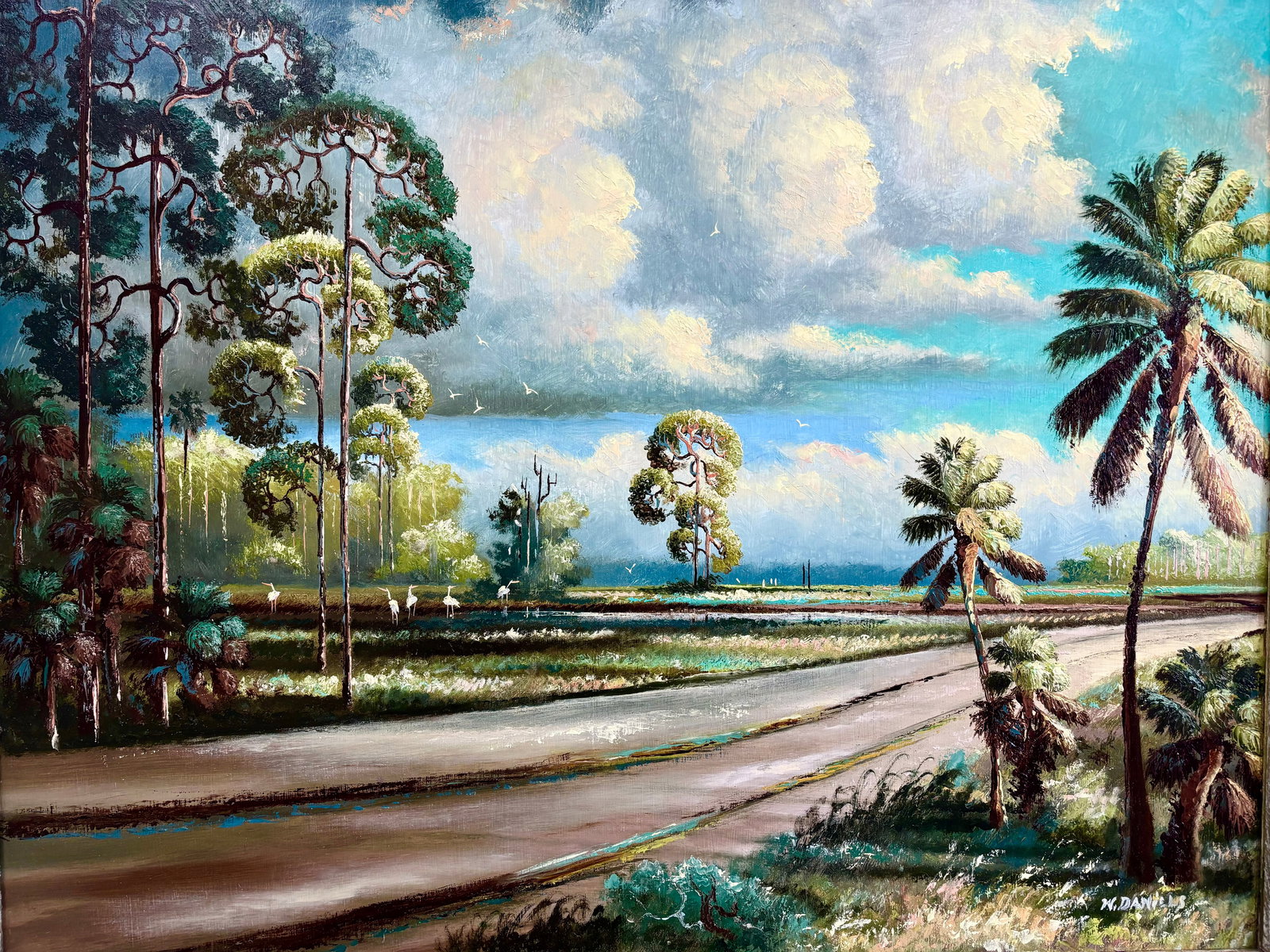 Willie Daniels, "Country Road Pines", Florida Highwaymen Wooden Board Oil Painting, 28"x36" (1 of 4)