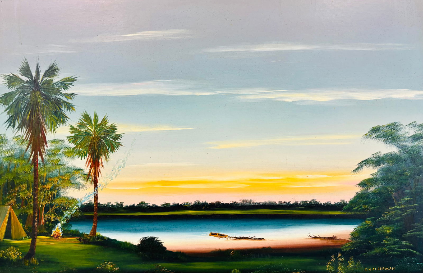 C.H. Alderman, "Fire by the Tent", Masonite Oil Painting, 32"x48" (Jumbo Size) (1 of 5)