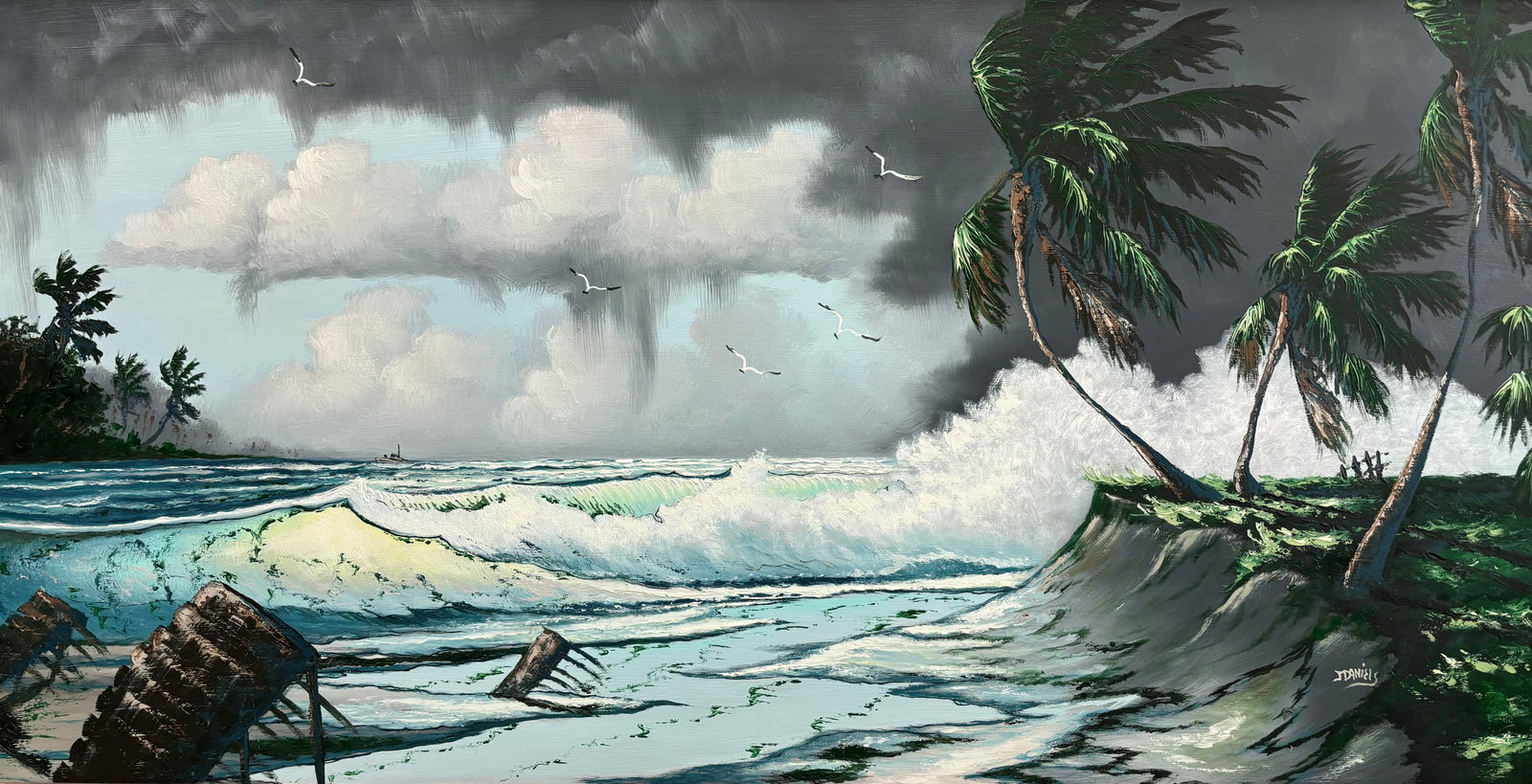 Johnny Daniels, "Stormy Rio Mar", Florida Highwaymen Masonite Oil Painting, 24"x48" (Jumbo Size) (1 of 4)