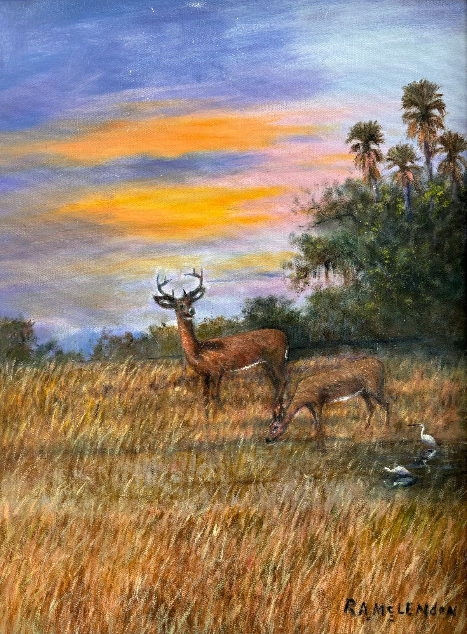 R.A. McLendon, "Two Deer", Florida Highwaymen Canvas Oil Painting, 24"x18" (1 of 4)
