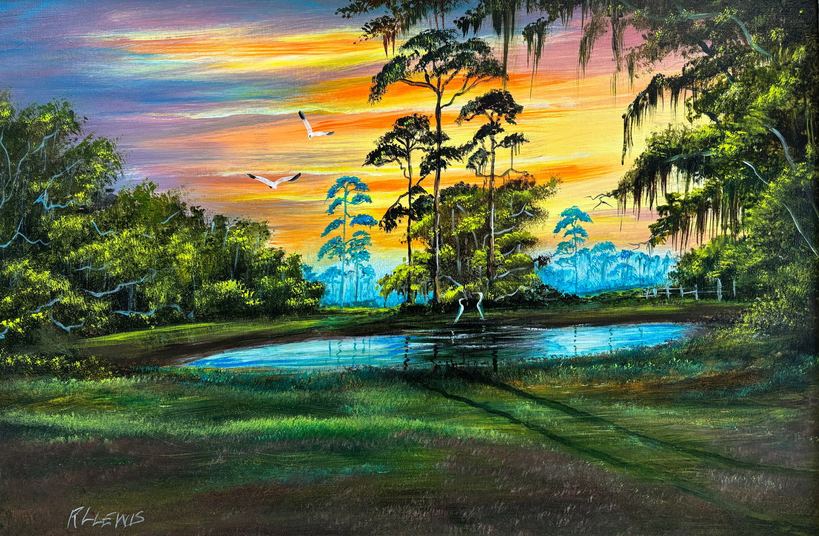 R.L. Lewis, "Fire Sky Backwater", Florida Highwaymen Canvas Board Painting, 24"x36" (1 of 5)