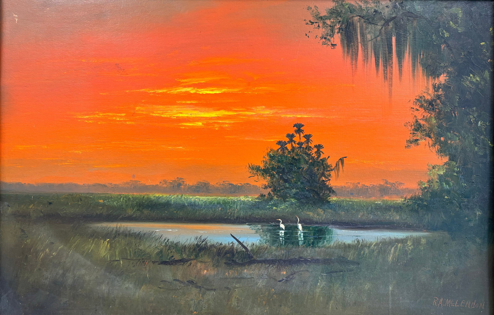 R.A. Mclendon, "Fire Sky Backwater", Florida Highwaymen Upson Oil Painting, 24"x36" (1 of 5)